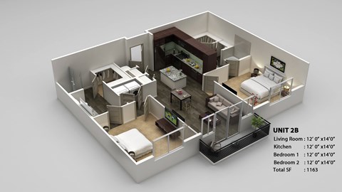 Floor plan for 2 beds, 2 baths, 1163 sqft